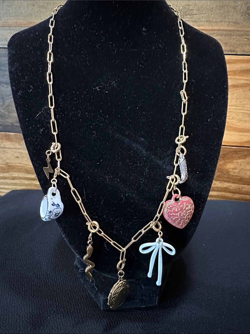 Plunder Gold-Tone Charm Necklace with Pink Heart & Light Blue Bow